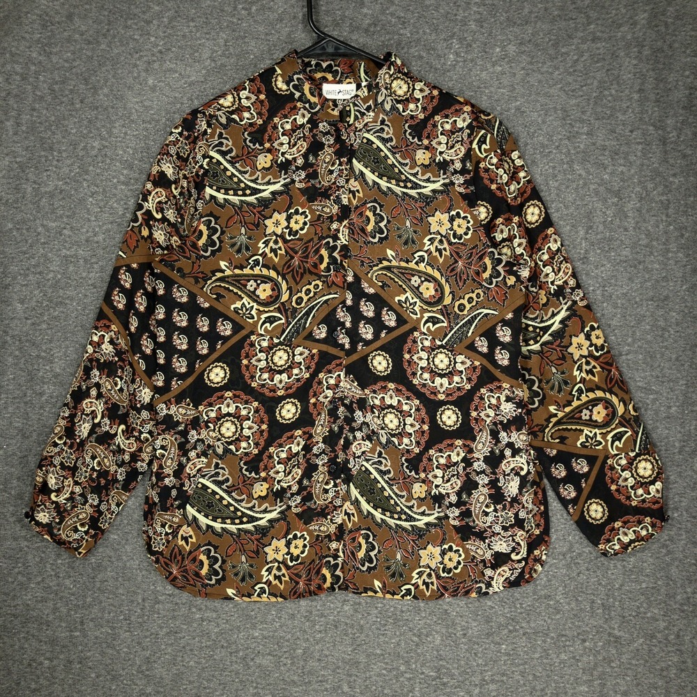 Y2K White Stag Sheer Brown Black Paisley Button Up Blouse Women's Size Medium - Picture 1 of 15